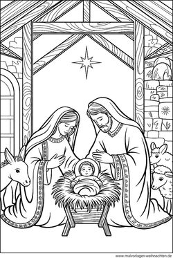 Krippe Ausmalbild Erwachsene zu Weihnachten ausdrucken und ausmalen