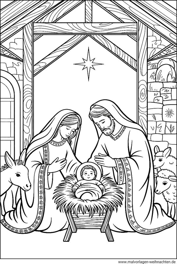 Weihnachtskrippe Ausmalbild für Erwachsene