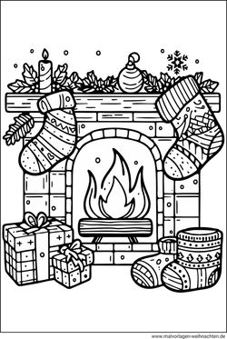 Weihnachtssocken am Kamin Ausmalbild ausdrucken