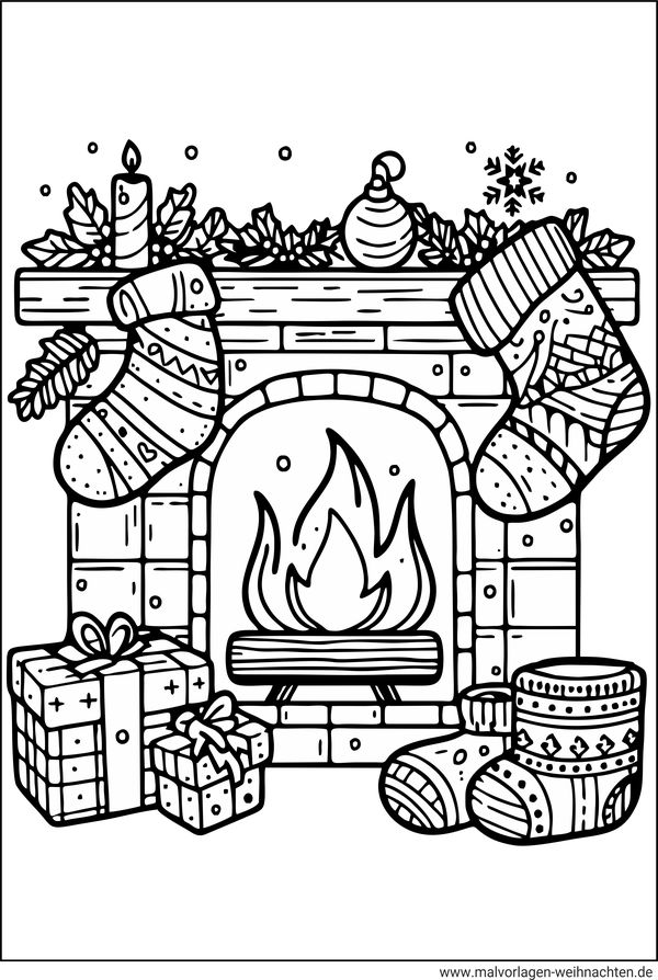 Weihnachtssocken am Kamin Ausmalbilder