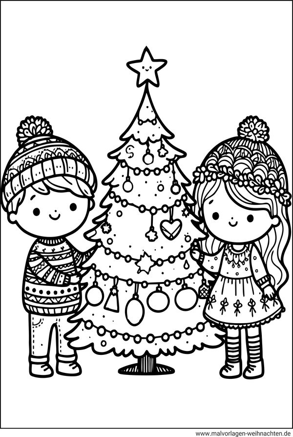 Ausmalbild Kinder schmücken den Weihnachtsbaum