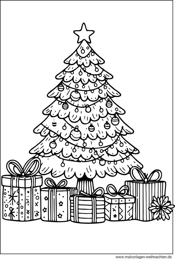 Ausmalbild Weihnachtsbaum mit Geschenken