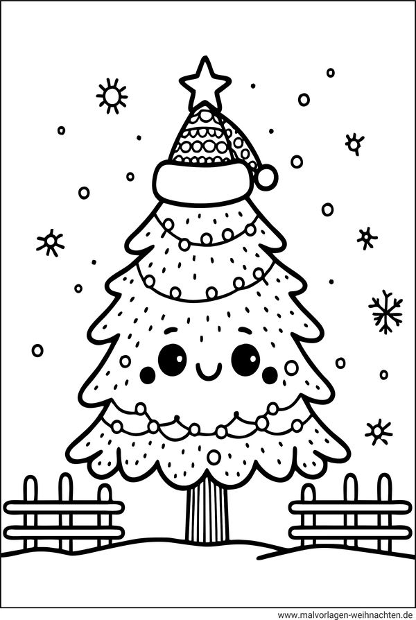 Ausmalbild Weihnachtsbaum mit Mütze und Gesicht