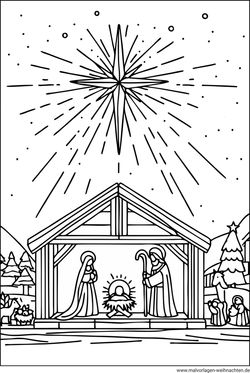 Ausmalbild Krippe Weihnachten Stern drucken und ausmalen