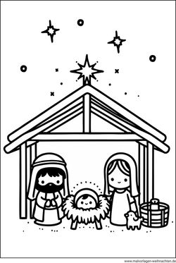 Krippe Ausmalbild für Kinder zur Weihnachtszeit