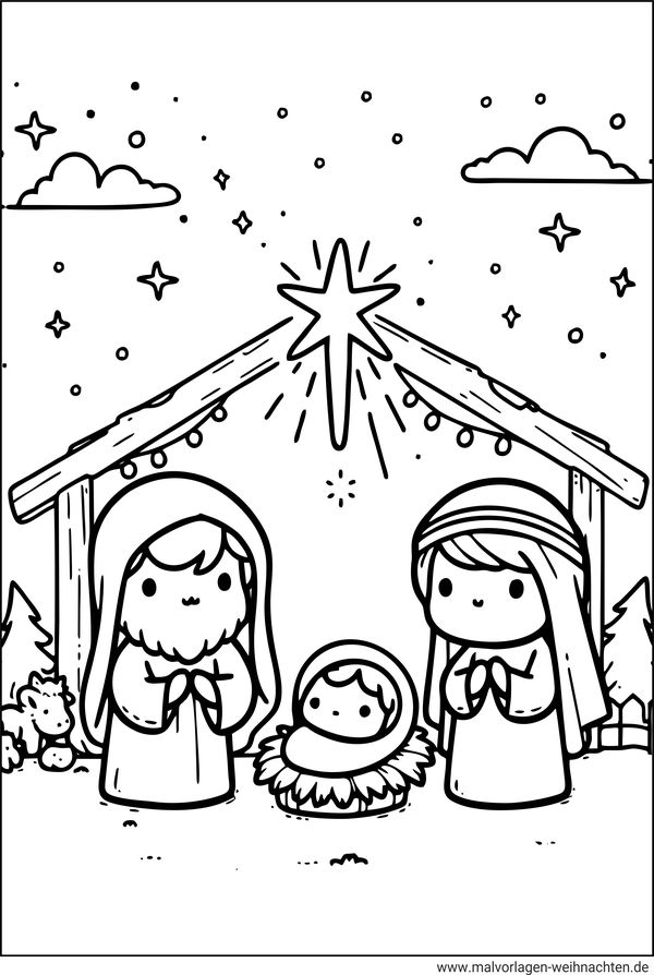 Krippe Ausmalbild für Kinder zu Weihnachten