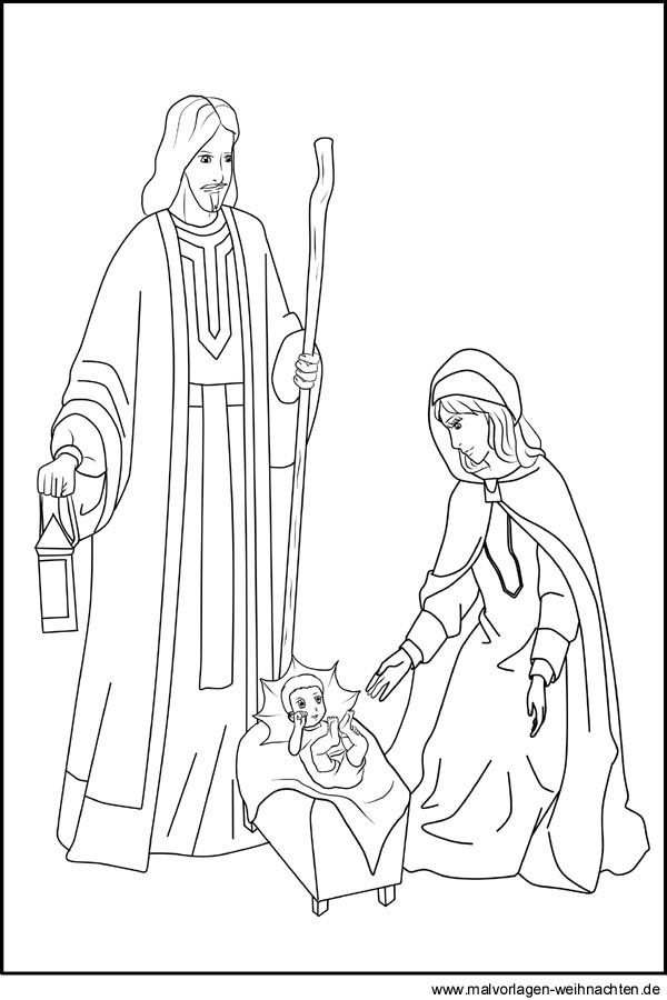 Maria, Josef und das Jesuskind als Malvorlage und Ausmalbild