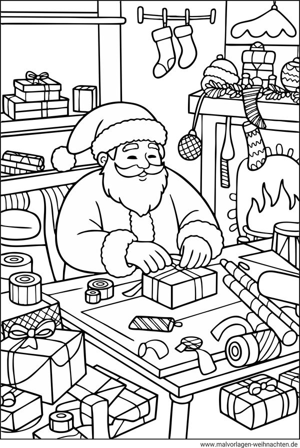 Ausmalbild Weihnachtsmann in seiner Werkstatt