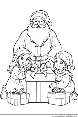 Ausmalbild Weihnachtsmann mit zwei Kindern