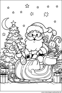 Ausmalbild Weihnachtsmann mit Weihnachtschlitten zum Drucken und Malen