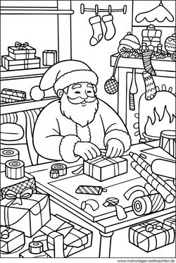 Ausmalbild Weihnachtsmann in der Werkstatt Geschenke