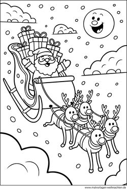 Gratis Malbild Weihnachtsmann Rentiere Schlitten und Geschenke