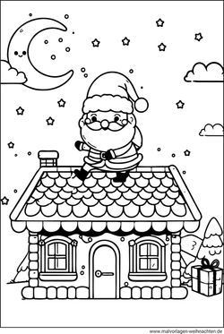 kostenloses Ausmalbild Weihnachtsmann auf dem Dach