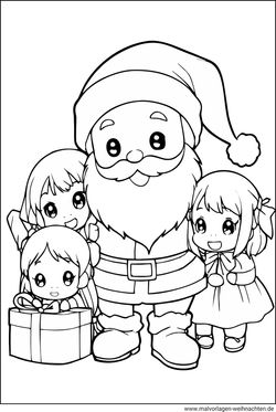 Weihnachtsmann mit drei Kindern ausmalbild drucken und ausmalen