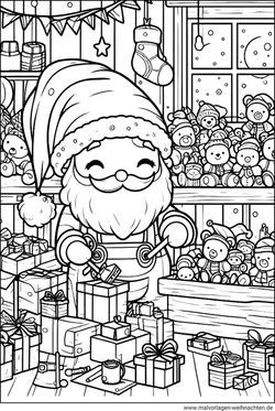 Weihnachtsmann Weihnachtswerkstatt Malvorlage ausdrucken